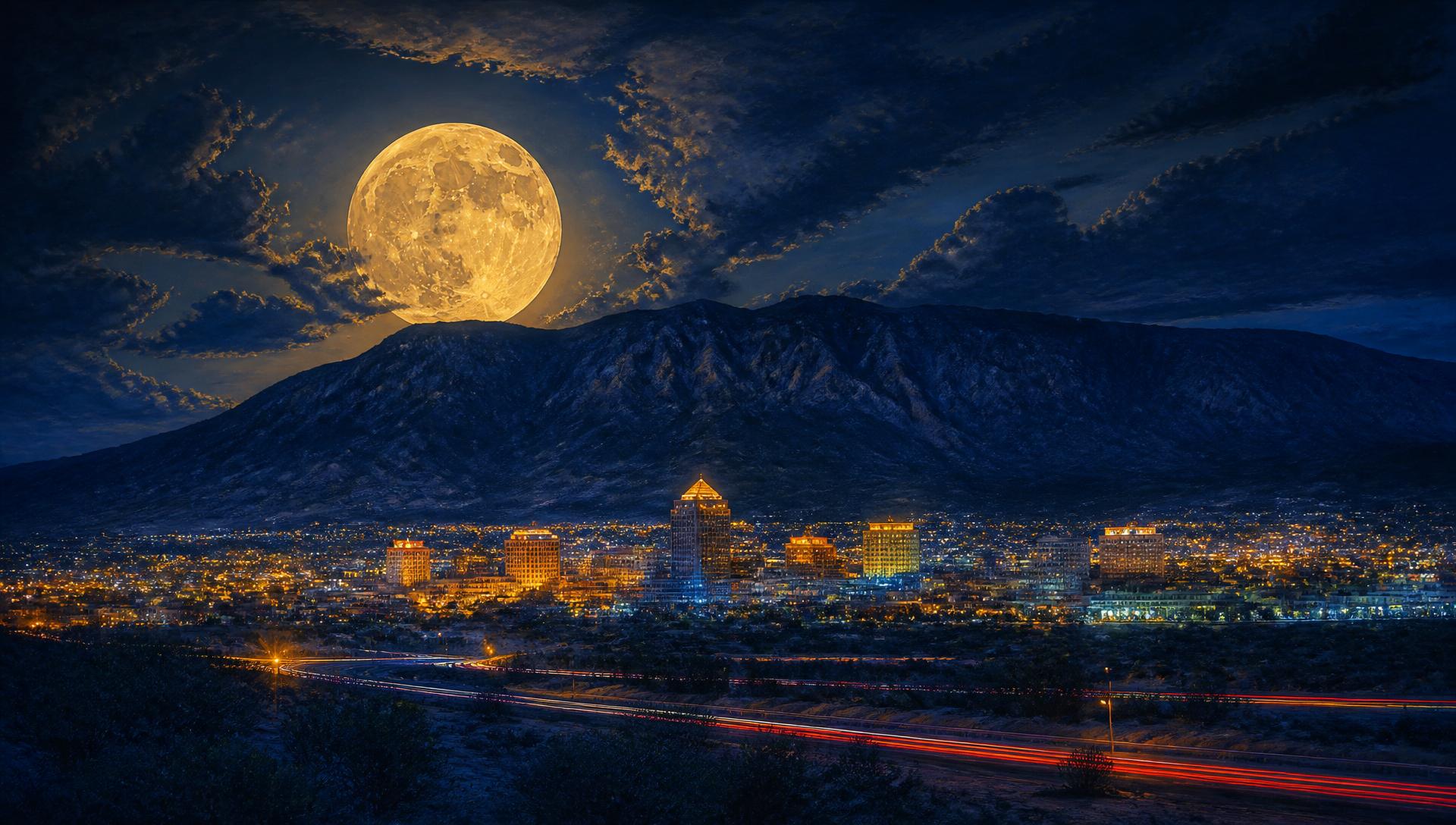 Full moon rising over the Sandia mountains and Albuquerque skyline